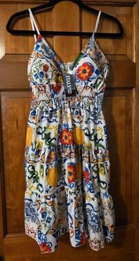 Petite White Floral Tile-Print Midi Dress